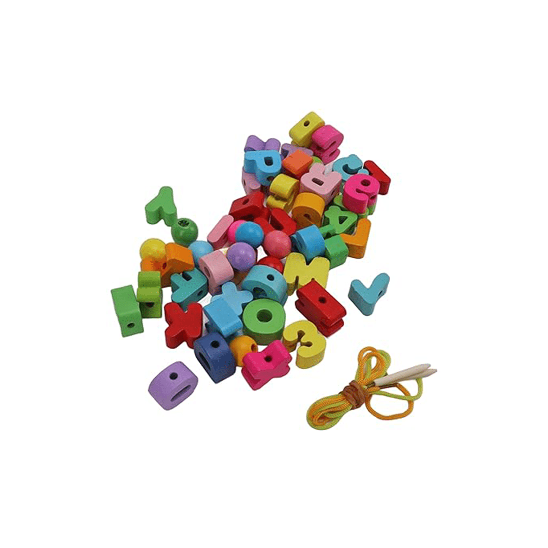Extrokids Toys Extrokids Wooden Chunky Alphanumeric Blocks With Beads For Lacing (3 Years+)