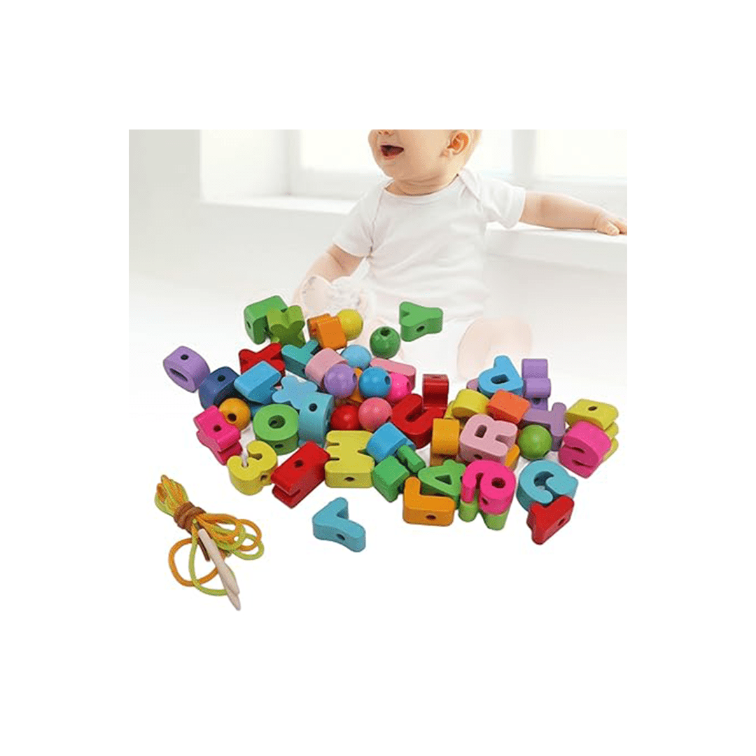 Extrokids Toys Extrokids Wooden Chunky Alphanumeric Blocks With Beads For Lacing (3 Years+)