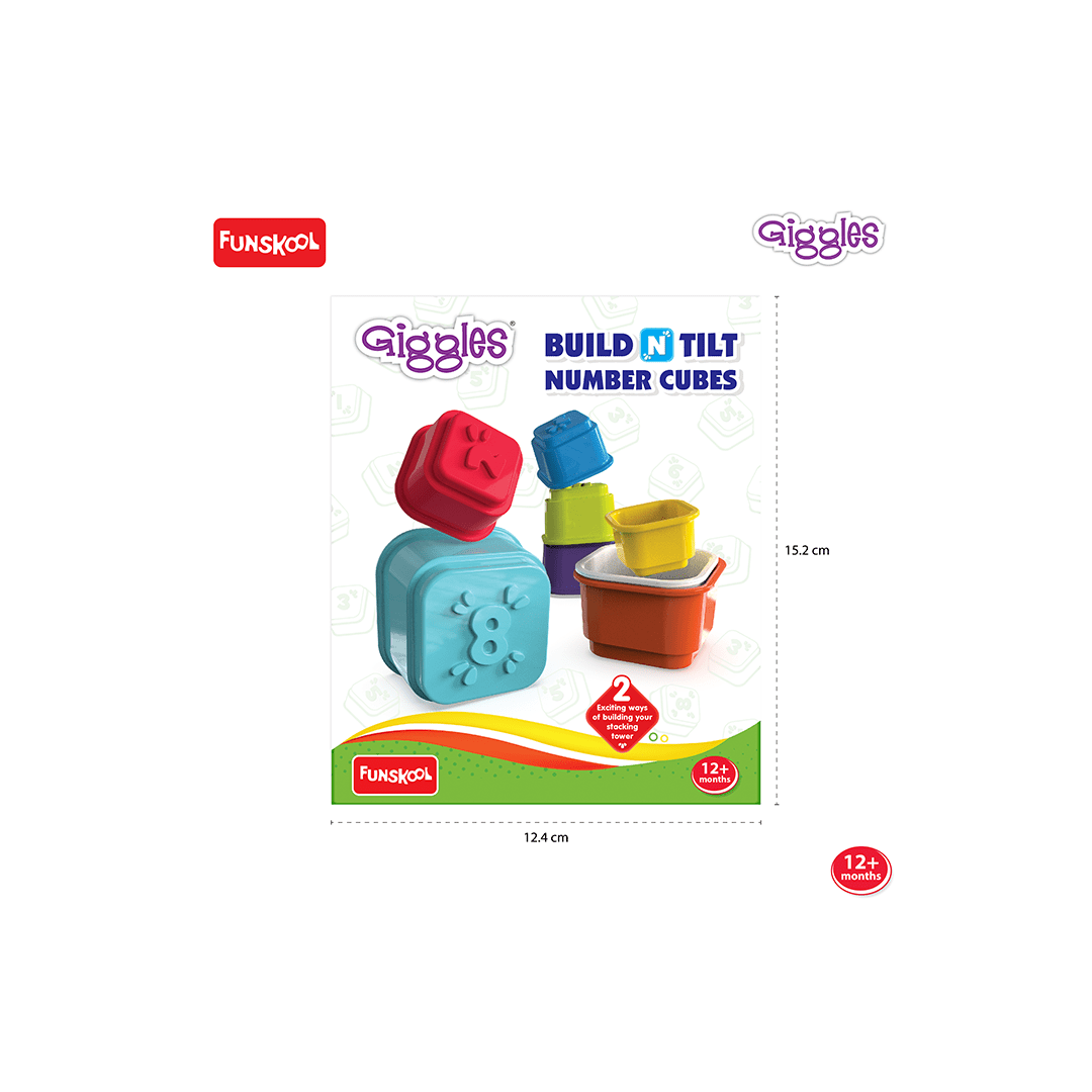 Funskool Toys Funskool Giggles - Build N Tilt Number Cubes, Multicolour Cubes, Cubes with Numbers, Stack and Nest, 12 Months and above, 2 Modes of Stacking Straight stack and Slant Stack