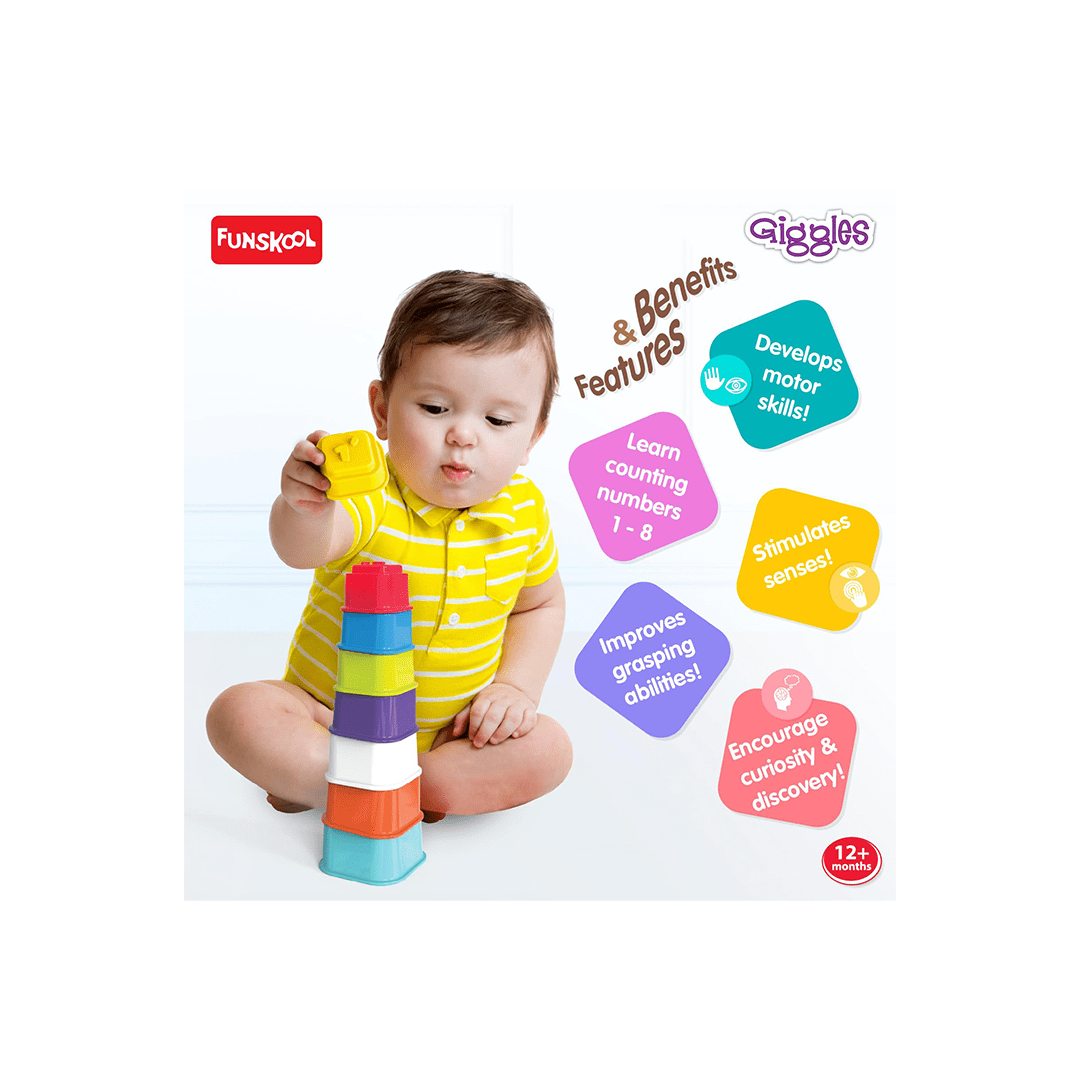 Funskool Toys Funskool Giggles - Build N Tilt Number Cubes, Multicolour Cubes, Cubes with Numbers, Stack and Nest, 12 Months and above, 2 Modes of Stacking Straight stack and Slant Stack