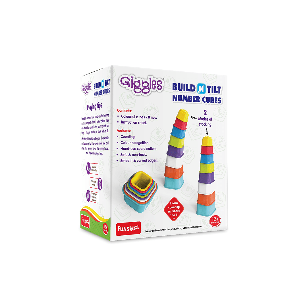 Funskool Toys Funskool Giggles - Build N Tilt Number Cubes, Multicolour Cubes, Cubes with Numbers, Stack and Nest, 12 Months and above, 2 Modes of Stacking Straight stack and Slant Stack