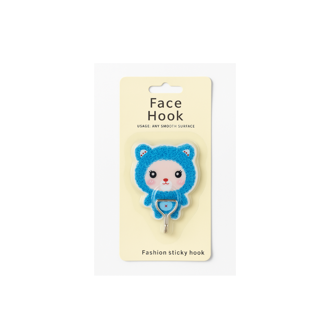 Blue bear-shaped face hook on a beige card with text