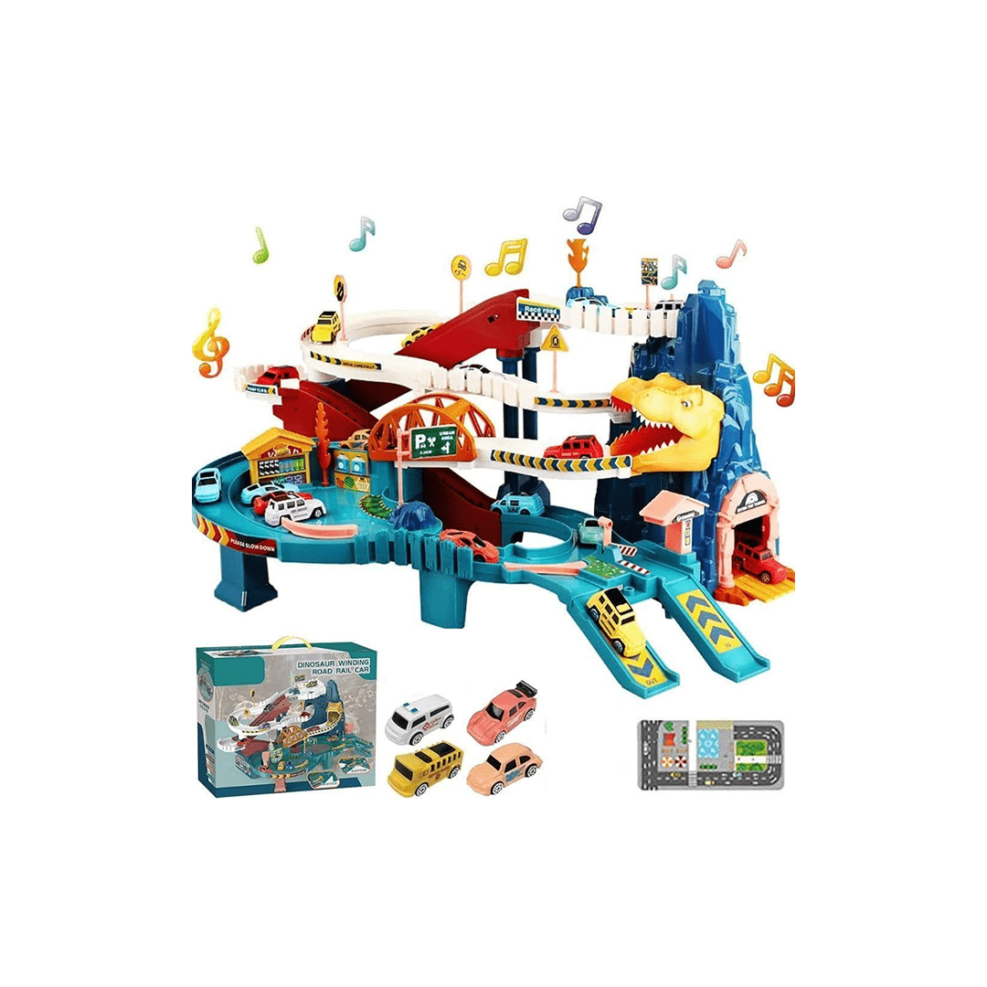 Happy Hues Toys Happy Hues Dinosaur Car Race Track Play Set with 4 Mini Race Cars & Accessories (3-7 Years)