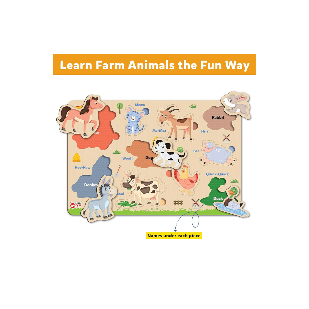 Little Berry Toys Little Berry Farm Animals Wooden Puzzle Tray Knob and Peg Puzzle Multicolour (2 Years+)