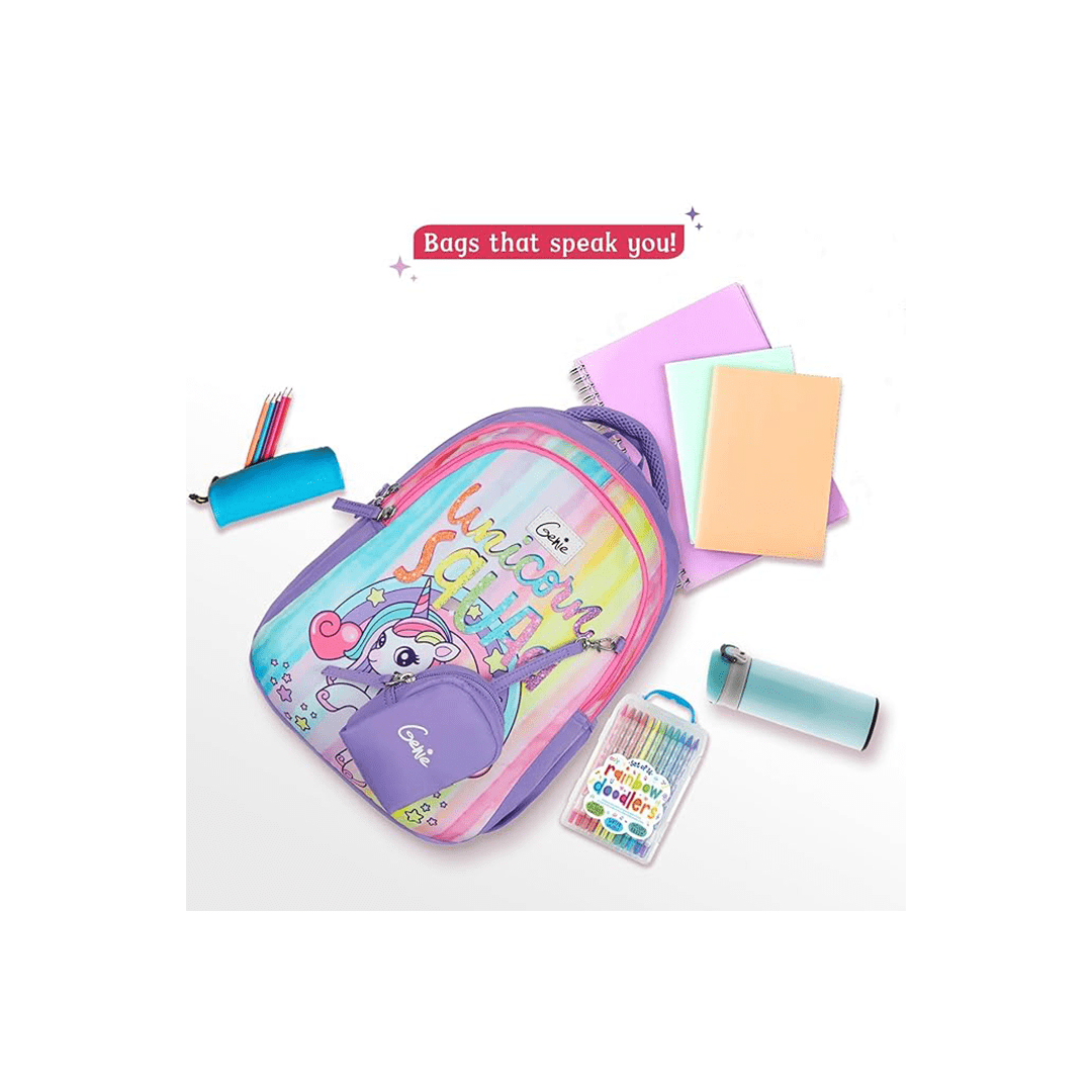 Genie Toys Genie Unicornaquad School Backpack for Girls |15 In-20 Ltr with Three Compartments,Side Pockets and Light Weight with Padded Shoulders For Kids