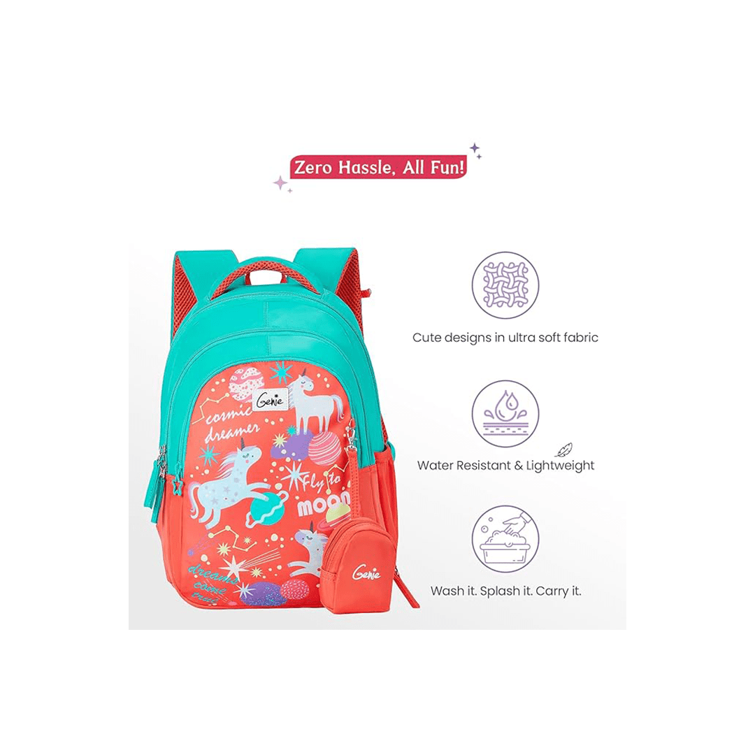 Genie Toys Genie Unicornaquad School Backpack for Girls |15 In-20 Ltr with Three Compartments,Side Pockets and Light Weight with Padded Shoulders For Kids