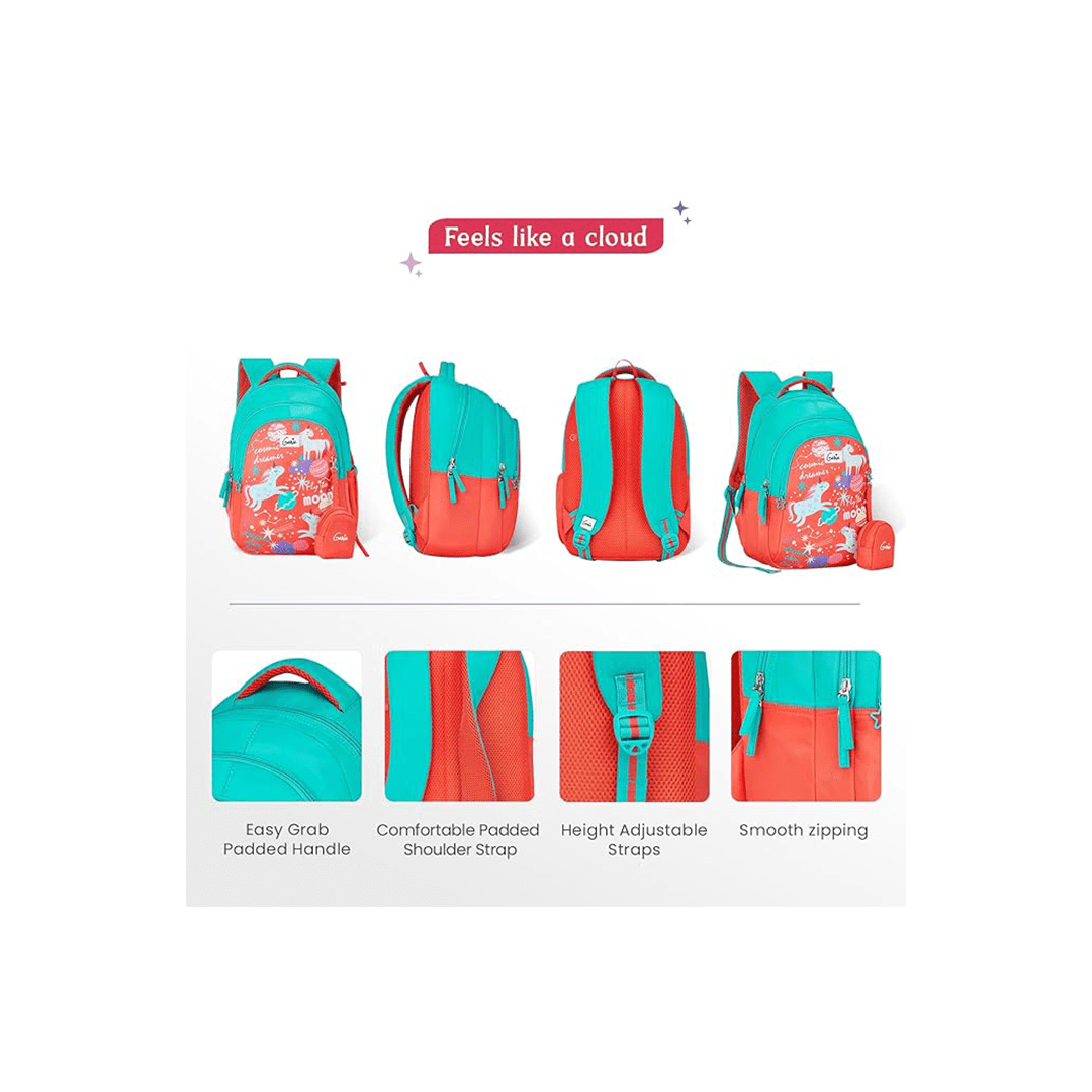 Genie Toys Genie Unicornaquad School Backpack for Girls |15 In-20 Ltr with Three Compartments,Side Pockets and Light Weight with Padded Shoulders For Kids
