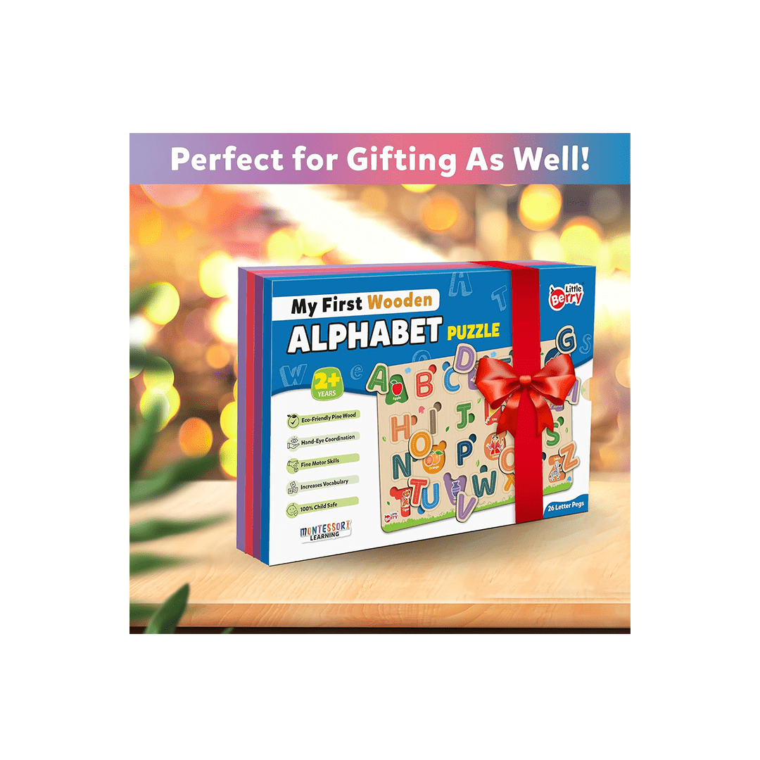 Little Berry Toys Little Berry Wooden Puzzles for Kids Age 2+ Years (Set of 4): ABC, Number, Fruit & Vegetable - Knob & Peg Puzzle Game