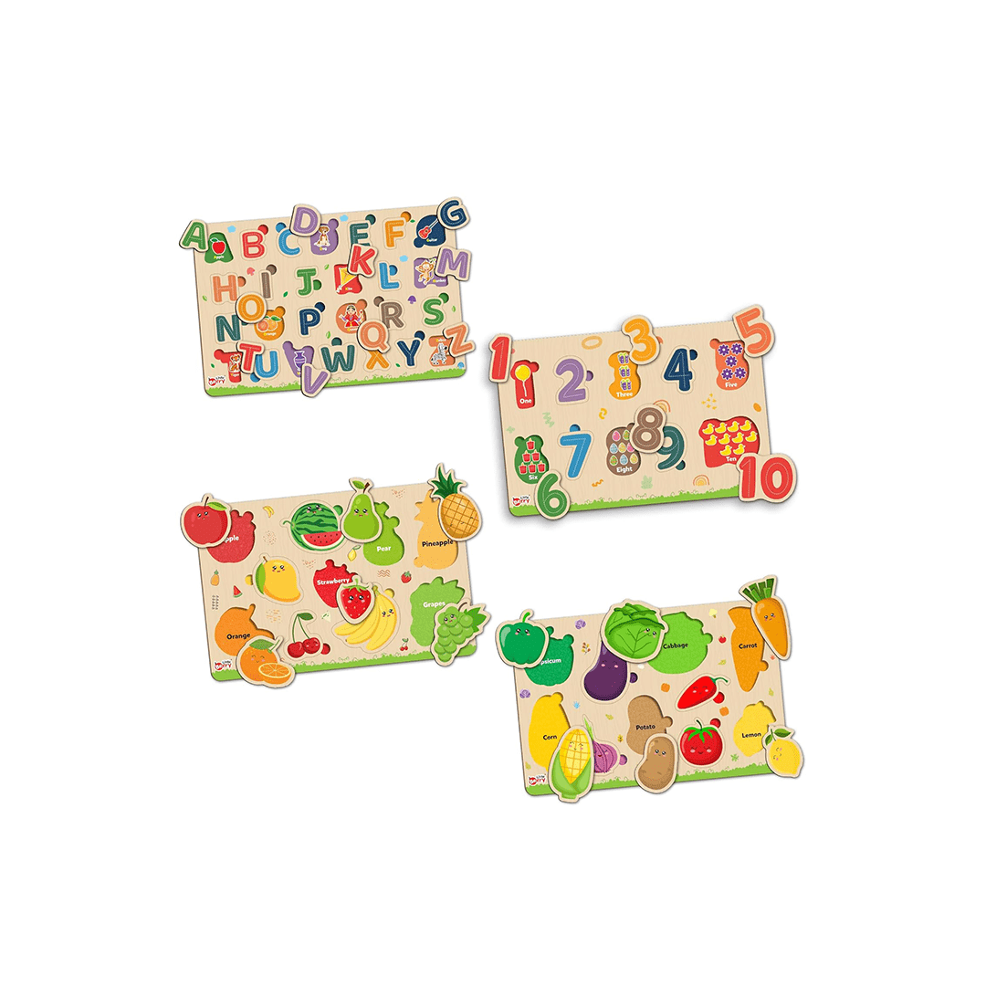 Little Berry Toys Little Berry Wooden Puzzles for Kids Age 2+ Years (Set of 4): ABC, Number, Fruit & Vegetable - Knob & Peg Puzzle Game