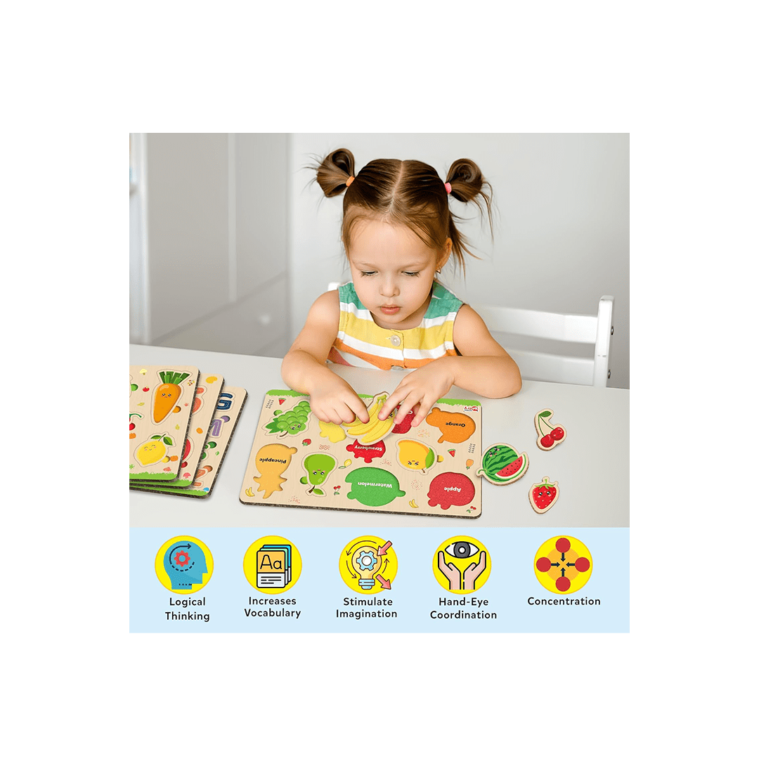 Little Berry Toys Little Berry Wooden Puzzles for Kids Age 2+ Years (Set of 4): ABC, Number, Fruit & Vegetable - Knob & Peg Puzzle Game