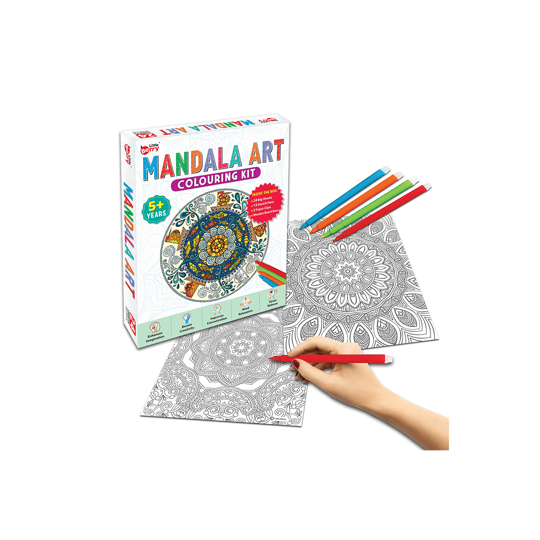 Little Berry Art And Craft Kit Little Berry Mandala Art Colouring Kit With 24 Big Sheets and 12 Sketch Pens for Girls & Boys - Multicolour (5 Years+)