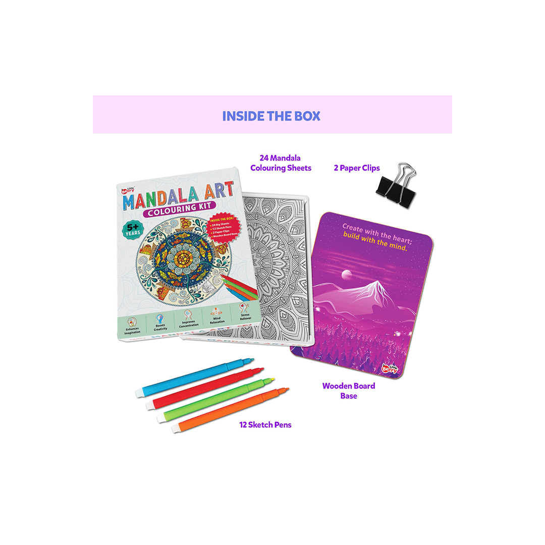 Little Berry Art And Craft Kit Little Berry Mandala Art Colouring Kit With 24 Big Sheets and 12 Sketch Pens for Girls & Boys - Multicolour (5 Years+)