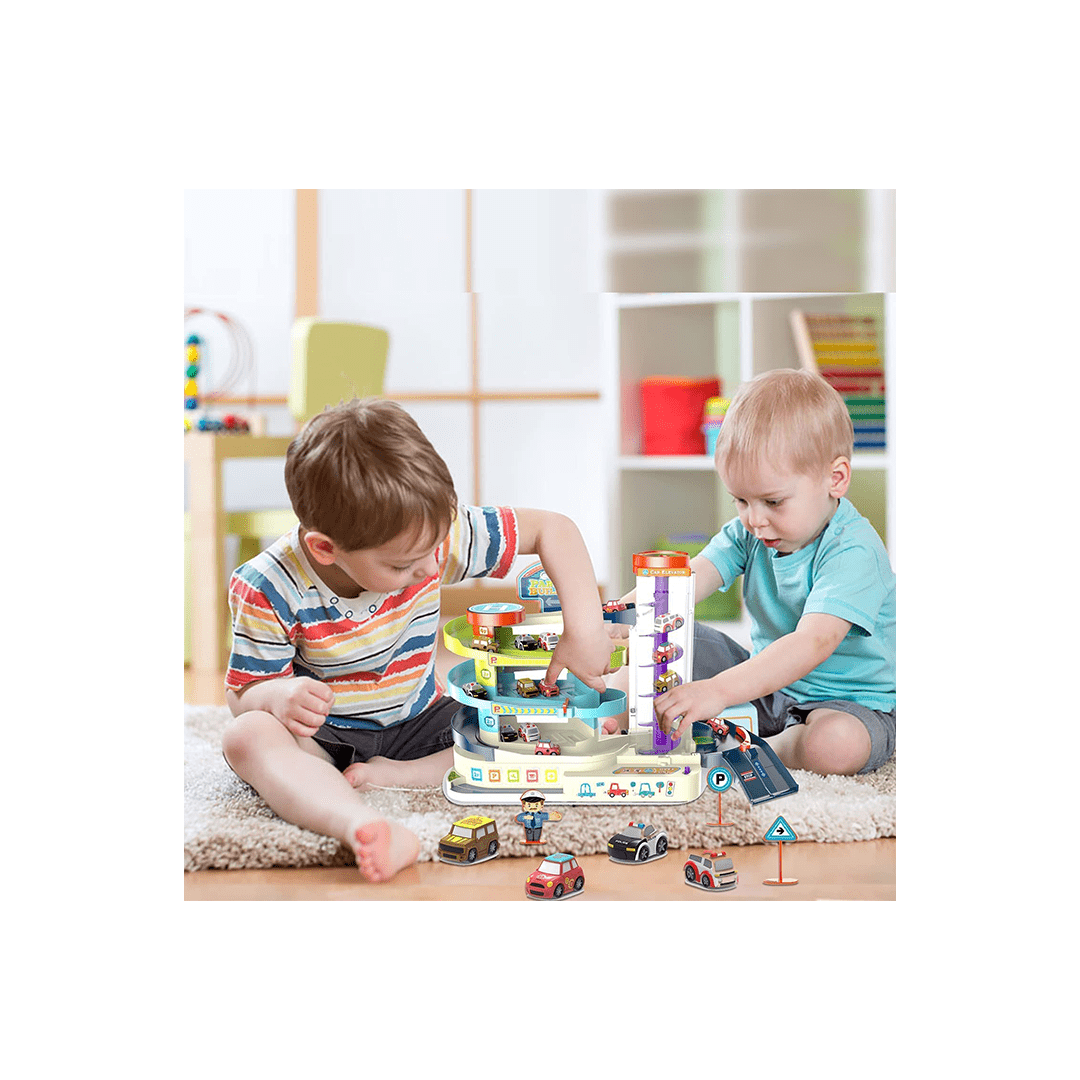 Happy Hues Toys Happy Hues 3 Level Race Track Toy -Light & Music Electric Parking Building Lot - Automatic & Manual (3-7 Years)