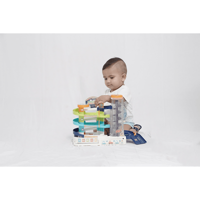Happy Hues Toys Happy Hues 3 Level Race Track Toy -Light & Music Electric Parking Building Lot - Automatic & Manual (3-7 Years)