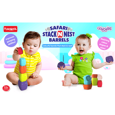Funskool Toys Funskool Giggles - Safari Stack N Nest Barrels, Multi-colour Stacking Barrels with Animal Faces, Helps to Sort, Stack and Nest, 12 months & above, Infant and Pre School Toys