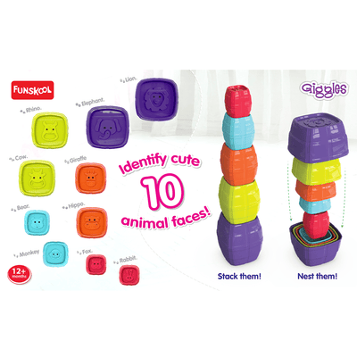 Funskool Toys Funskool Giggles - Safari Stack N Nest Barrels, Multi-colour Stacking Barrels with Animal Faces, Helps to Sort, Stack and Nest, 12 months & above, Infant and Pre School Toys