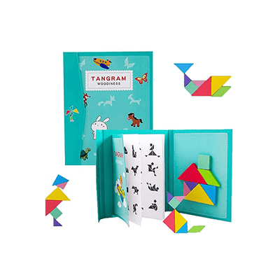 Happy Hues Toys Happy Hues Travel Wooden Tangram Puzzle - Magnetic Pattern Block Book with Solution| 3D Puzzle Road Trip Game (2-7 Years)