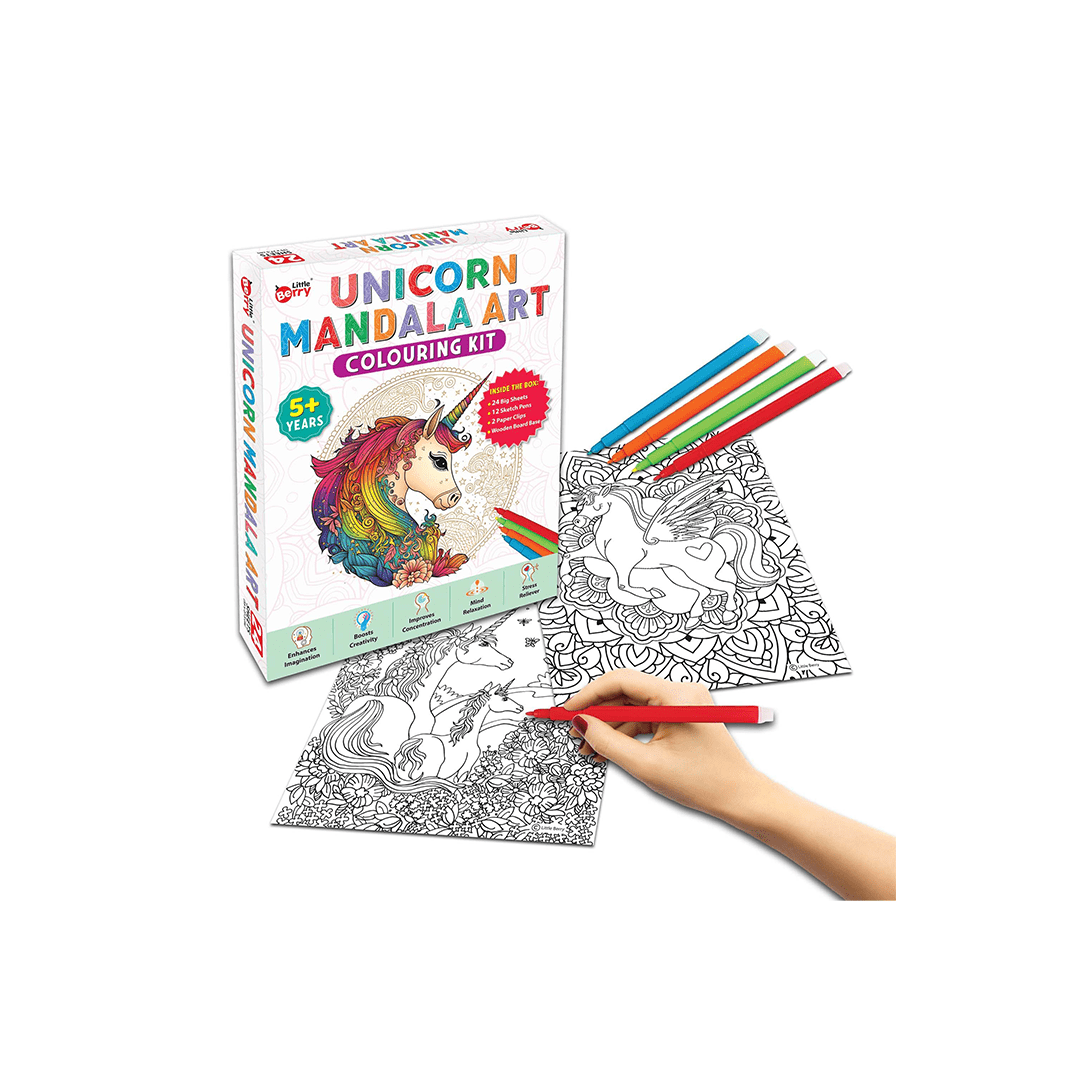 Little Berry Art And Craft Kit Little Berry Unicorn Mandala Art Colouring Kit With 24 Big Sheets and 12 Sketch Pens for Girls & Boys - Multicolour (5 Years+)