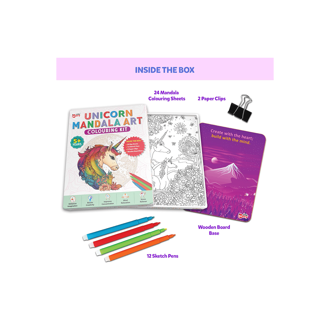 Little Berry Art And Craft Kit Little Berry Unicorn Mandala Art Colouring Kit With 24 Big Sheets and 12 Sketch Pens for Girls & Boys - Multicolour (5 Years+)