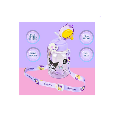 Animated Character Kids Water Bottle with Bunny Ears Lid, Purple Floral Lanyard, Clear & Leak Proof Water Bottle For Kids.