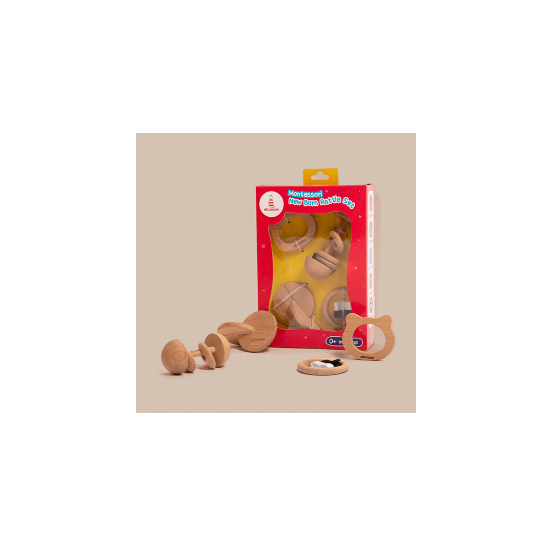Shumee Toys Shumee Wooden Montessori Rattle & Teether Set of 4 For Babies (0 Months+)