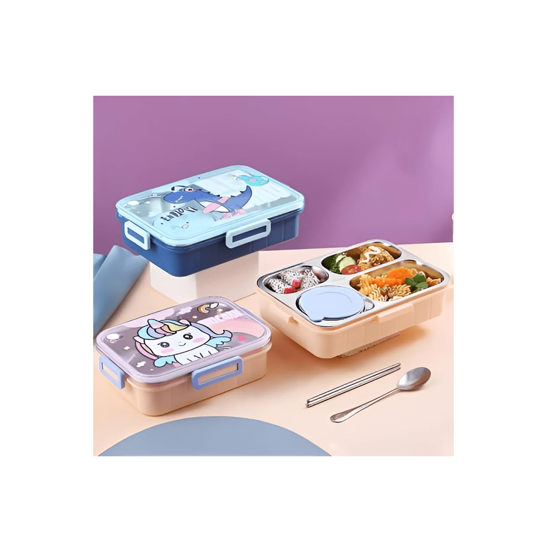 Burani Toys Other Gears Burani Toys Cute Insulated Lunch Box (900 ML) +Spoon & Chopstick, Stainless Steel, 4 Compartments For Kids