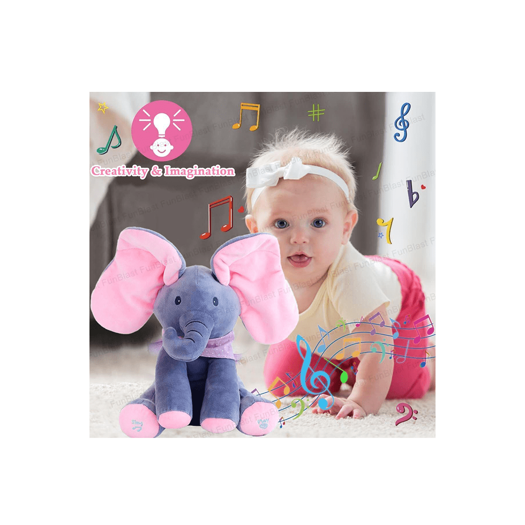 Baybee Toys Burani Toys Singing Elephant Toy For Kids, Baby And Toddlers - Cute And Soft Peek-A-Boo Plush Animal With Moving Ears For Kids (1 Year+)
