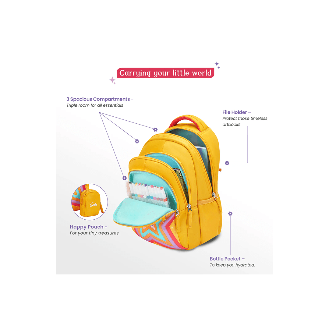 Genie Toys Genie Popstar Small Backpack for Kids,15 In-20 Ltr with Three Compartments,Side Pockets and Light Weight with Padded Shoulders