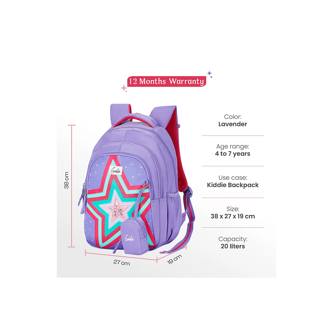 Genie Toys Genie Popstar Small Backpack for Kids,15 In-20 Ltr with Three Compartments,Side Pockets and Light Weight with Padded Shoulders