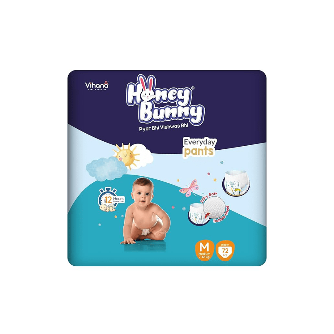 Honey Bunny Baby Care Honey Bunny Everyday Baby Diapers Pants, Medium (M), 7-12 kg Silky Soft on Skin, Bubble Layer