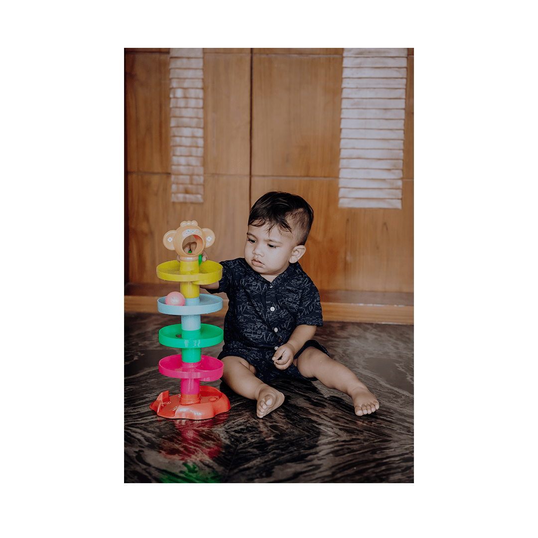 The Magic Lamps Toys 3-in-1 Learning Toy Set – Flash Card Reader, Roll Ball Monkey & Wooden Shape Stacker (1 Year+)