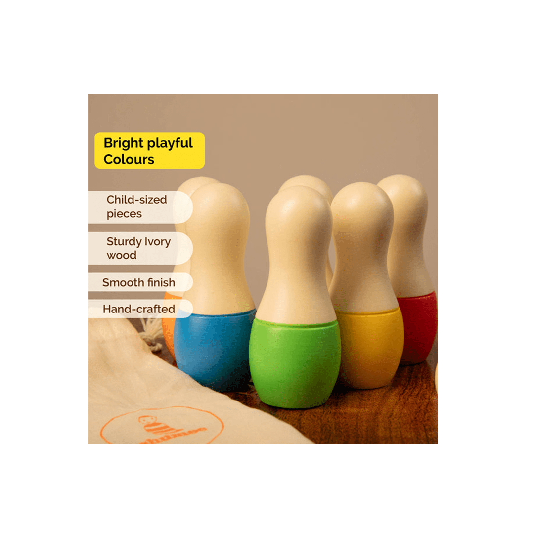 Shumee Toys Shumee Wooden Mini Bowling Pins Set - 6 Pins, 1 Ball (2 Years+)