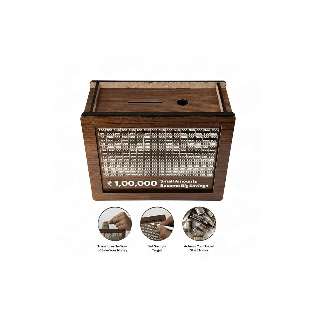 Elisburry Toys Elisburry Wooden Money Piggy Bank, Money Saving Box, With Savings Chart, 100000 Rupees Goal Tracker, Cash Collection Bank for Kids and Adults