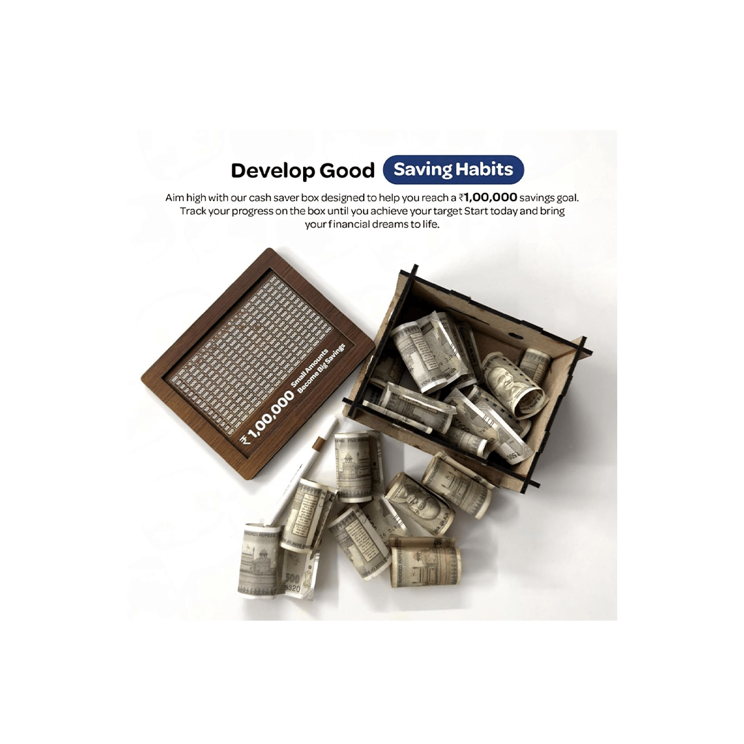 Elisburry Toys Elisburry Wooden Money Piggy Bank, Money Saving Box, With Savings Chart, 100000 Rupees Goal Tracker, Cash Collection Bank for Kids and Adults