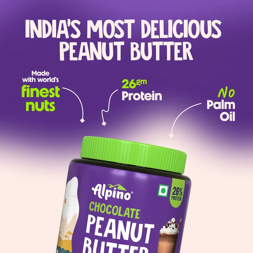 Alpino chocolate peanut butter smooth jar with green lid and front label text