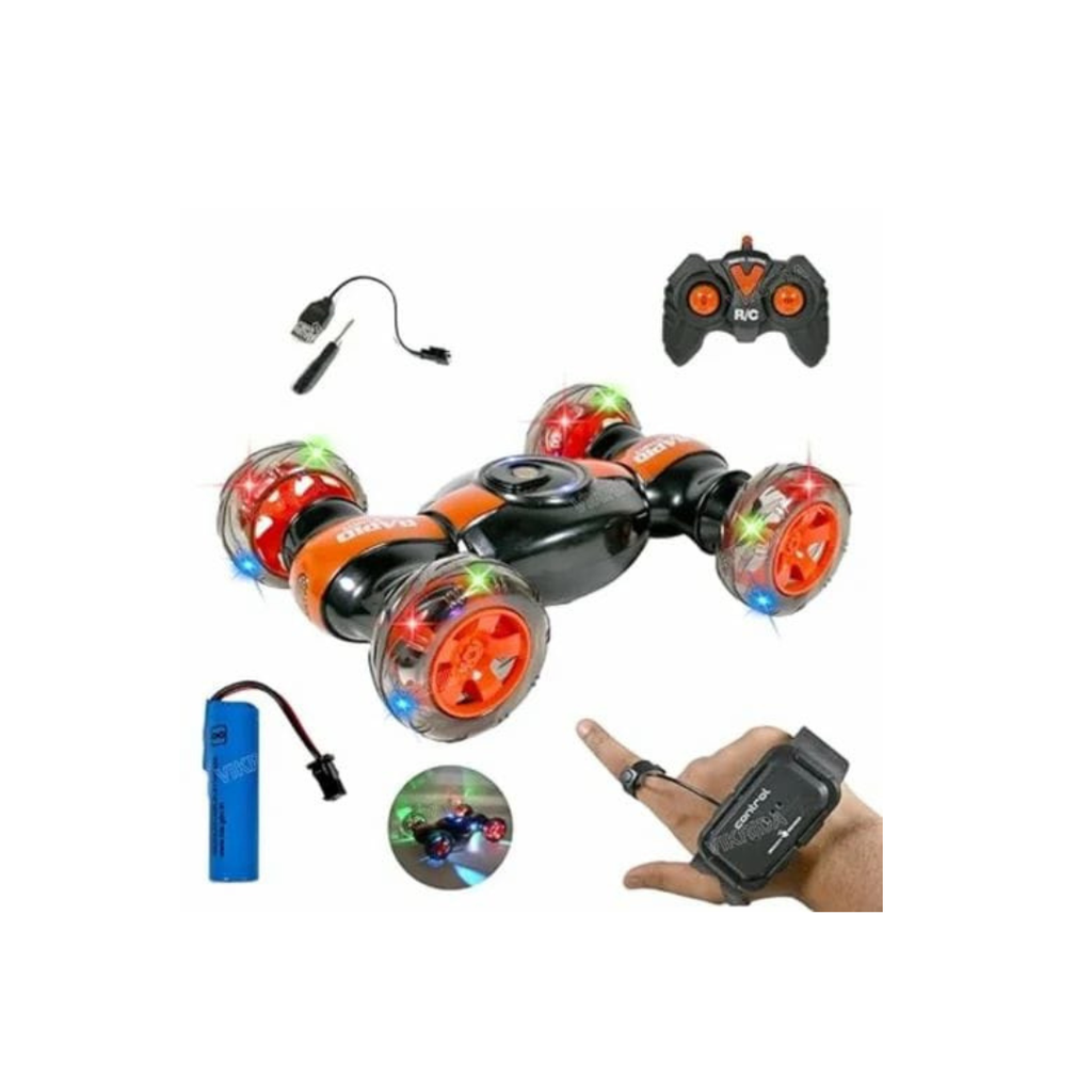 Toy Gallery Dual-Control 360° Stunt RC Car with Hand Gesture Sensor Watch, Remote Control & LED Light-Up Wheels (6+ Years)