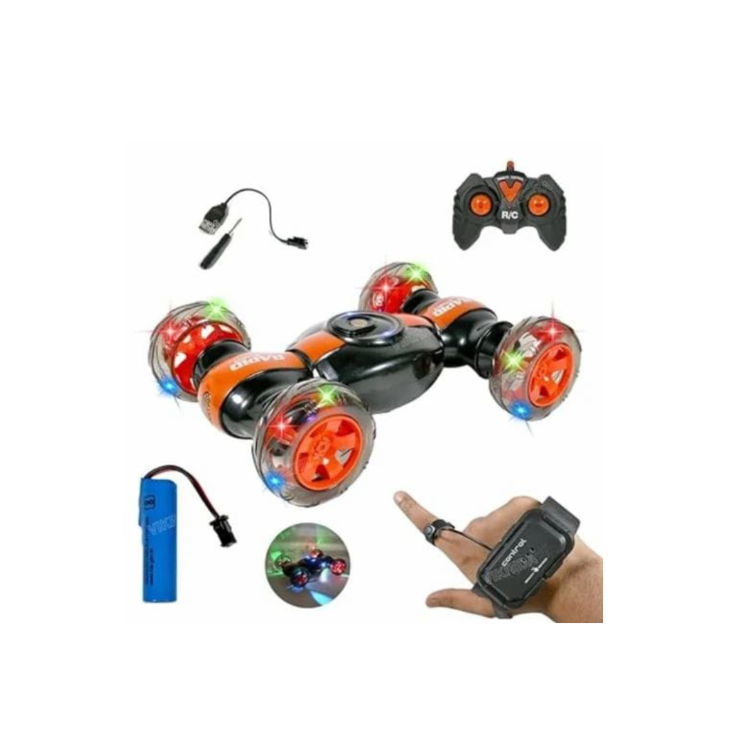 Toy Gallery Dual-Control 360° Stunt RC Car with Hand Gesture Sensor Watch, Remote Control & LED Light-Up Wheels (6+ Years)