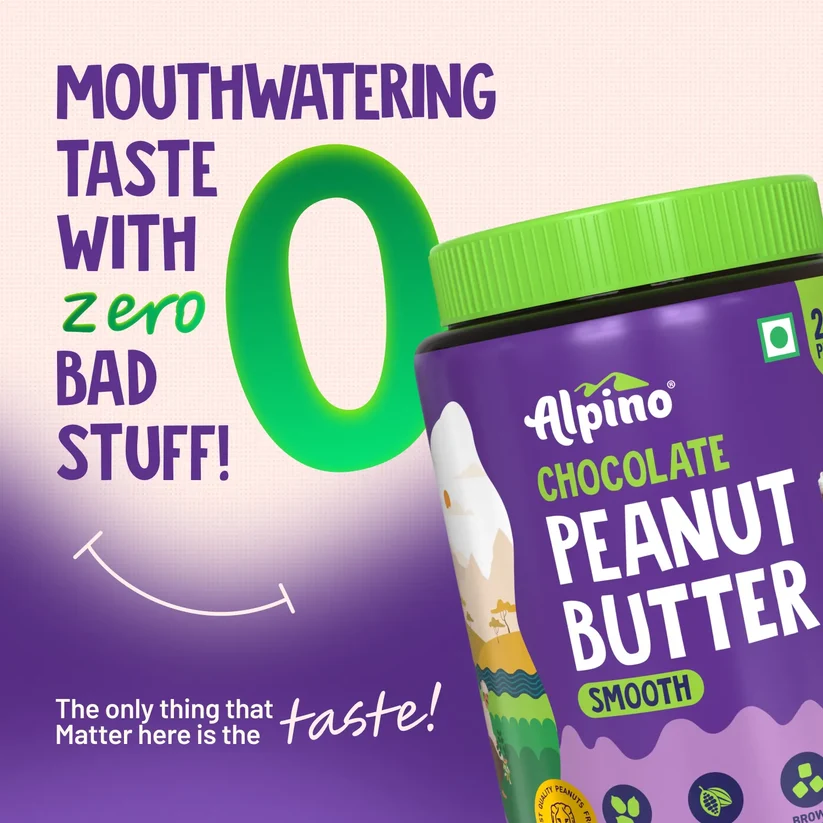 Alpino chocolate peanut butter smooth jar close-up with green lid and taste callout