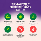 Alpino peanut butter promotional graphic with feature icons and text
