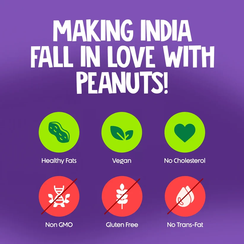 Alpino peanut butter promotional card with health icons and badges