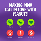 Alpino peanut butter promotional card with health icons and badges