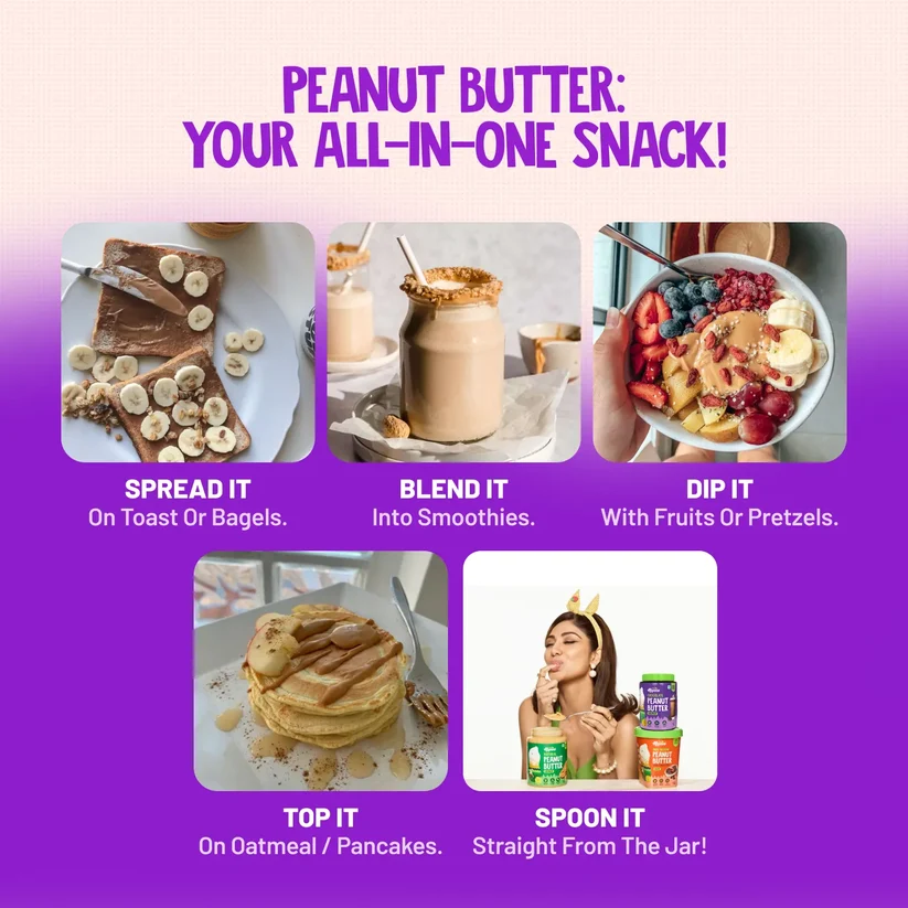 Alpino peanut butter use-cases collage showing jar with spread, blend, and dip ideas