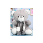 Tickles light gray teddy bear plush with a long gray scarf and white paws.