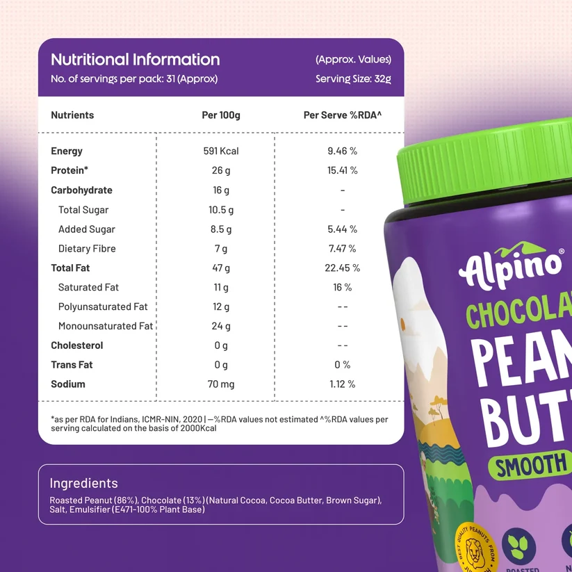 Alpino peanut butter jar back label with nutritional information and ingredients