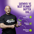 Man holding an Alpino peanut butter jar with dietary icons on a purple background