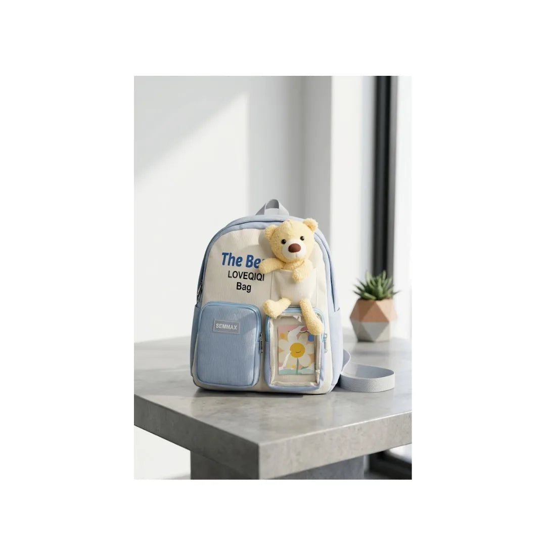 Teddy Bear Kids Backpack - Blue School Bag with Plush Toy & Clear Pocket