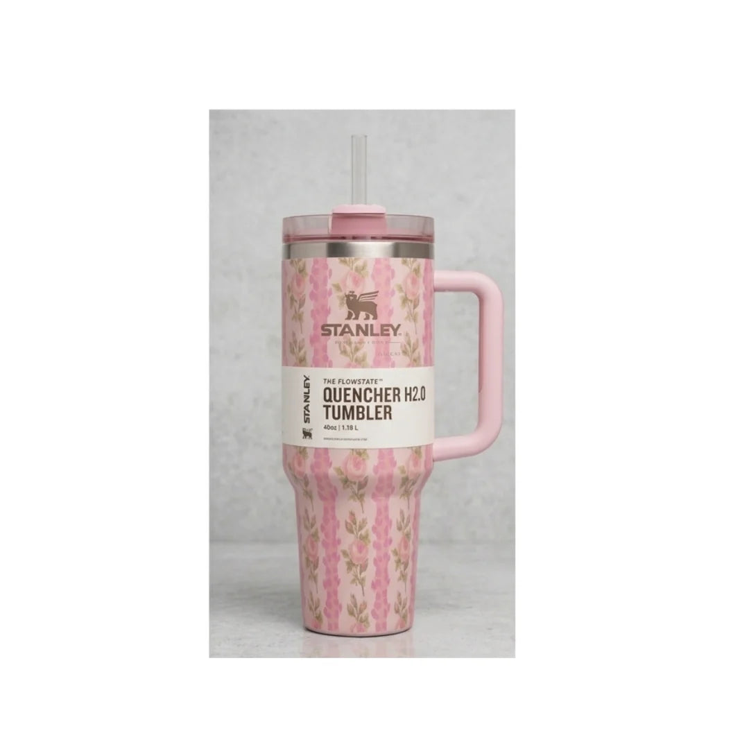 Floral Insulated Tumbler with Handle & Straw - Large Capacity, Leakproof