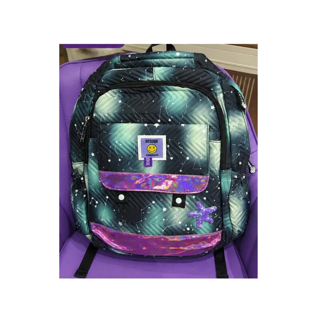 Galaxy Star Holographic School Backpack - Multi-Compartment, Quilted