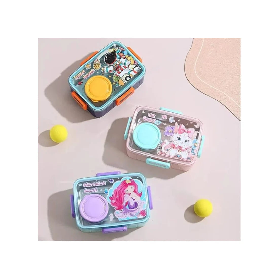 Kids Cartoon Stainless Steel Lunch Box with Sauce Cup - Compact & Leakproof