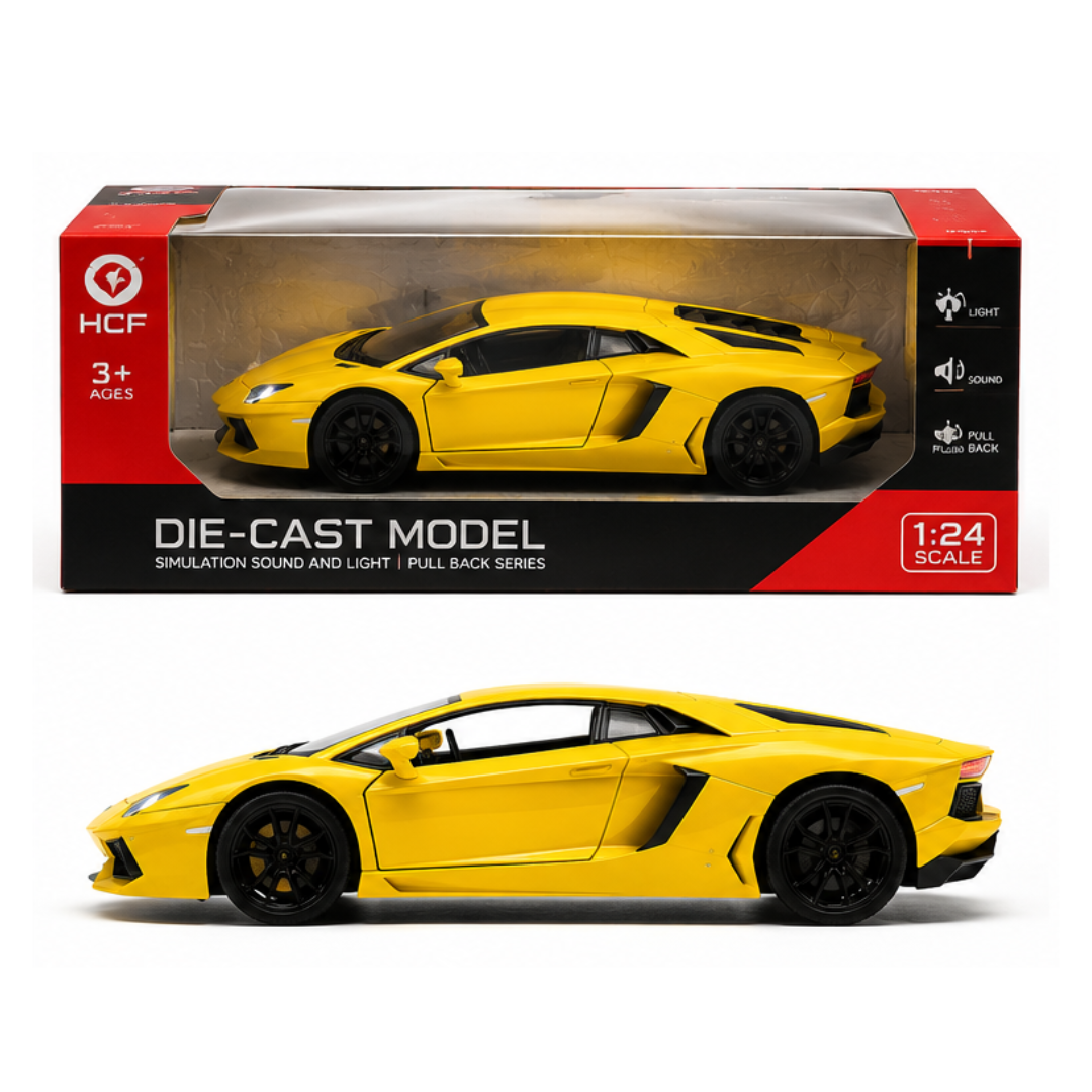 Toy Rush Lamborghini Aventador Die-Cast Car 1:24 Scale Pull Back Model with Light & Sound (Colour as per Availability) | Ages 3+